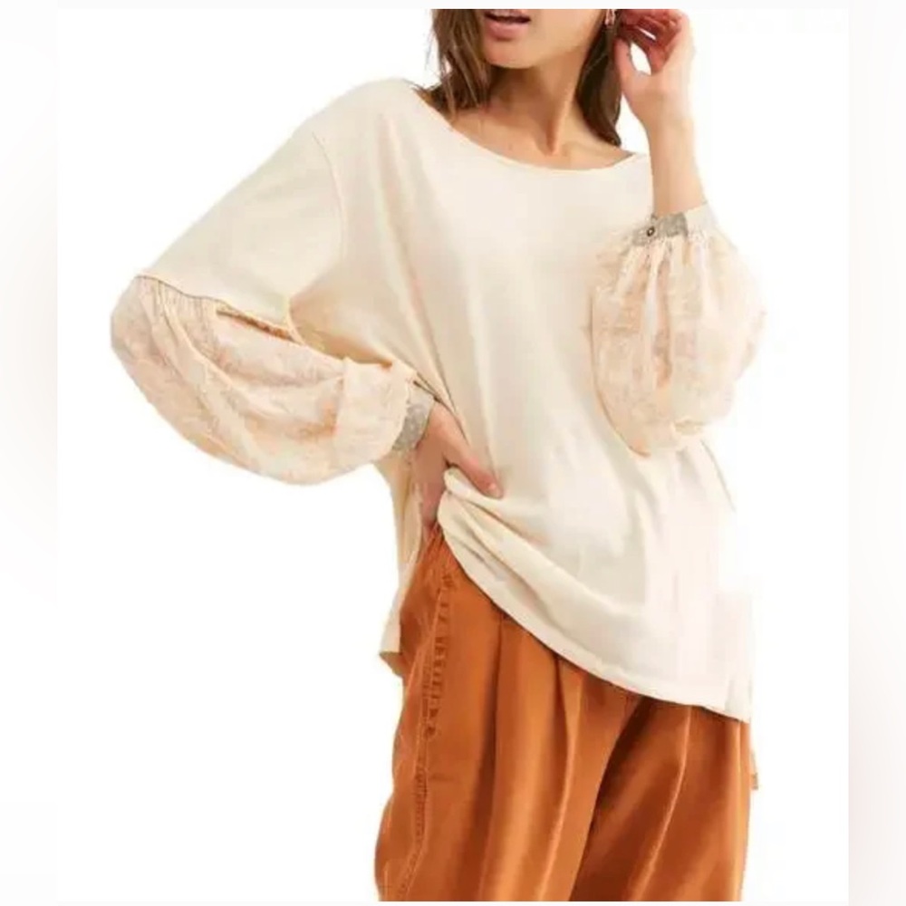 Free People We The Free Women’s Jade Printed Sleeves Boho Slouchy Relaxed Tee XS